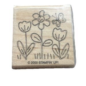 Stampin Up Vintage 2000 Rubber Stamp Spring Flowers Tulips Butterfly Wood Mount